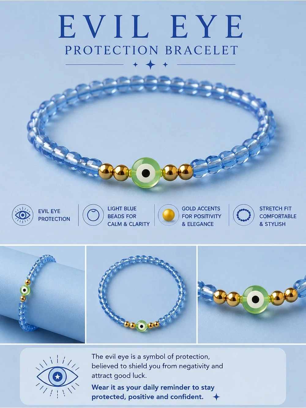 Evil Eye Protection Bracelet - Light Blue Beads with Gold Accents #03